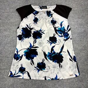 IVANKA TRUMP Floral Print Sleeveless Top Black Blue White Cap Sleeve Sz.M
